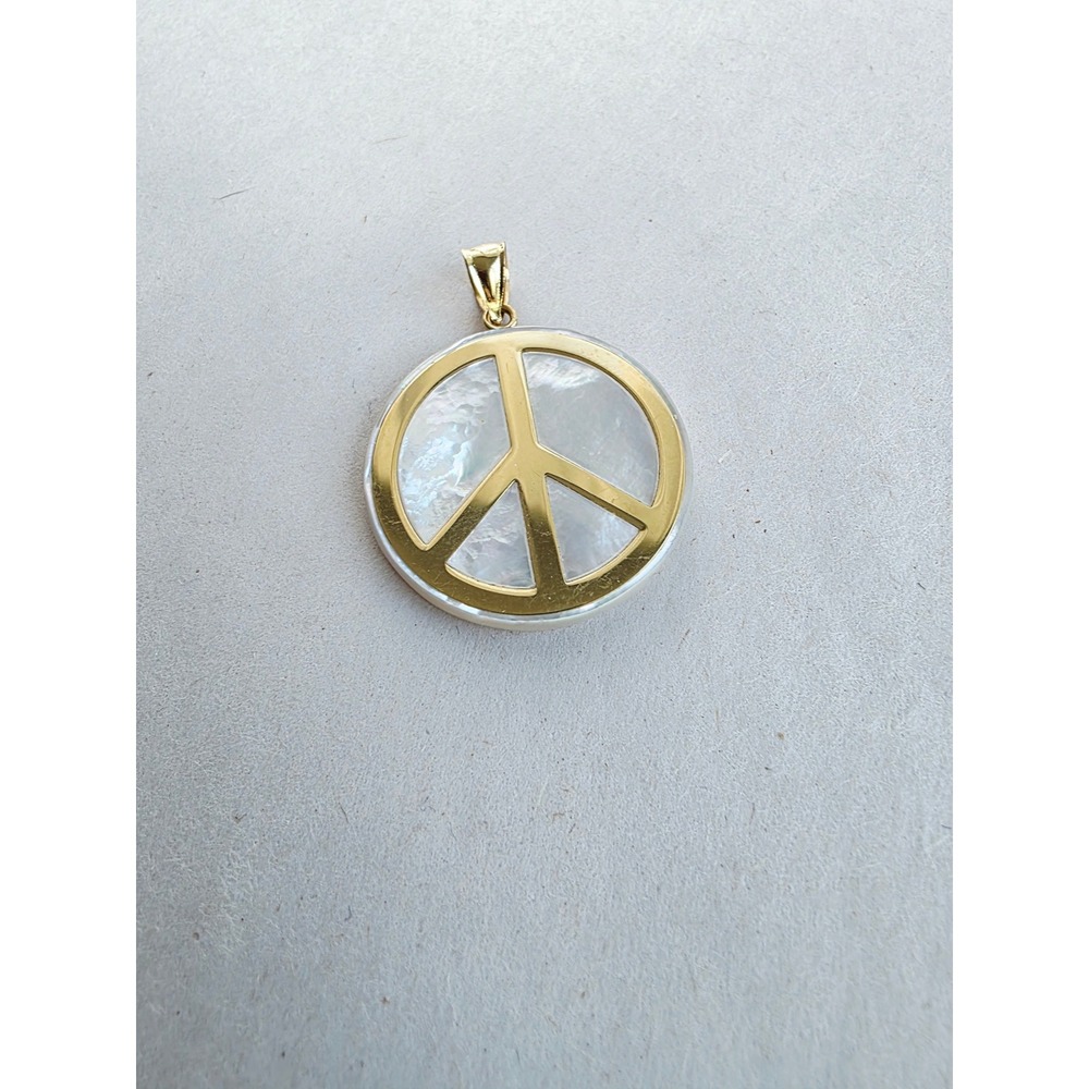 14K Yellow Gold Peace Sign Pendant Mother of Pearl Shell Charm 1 Inch